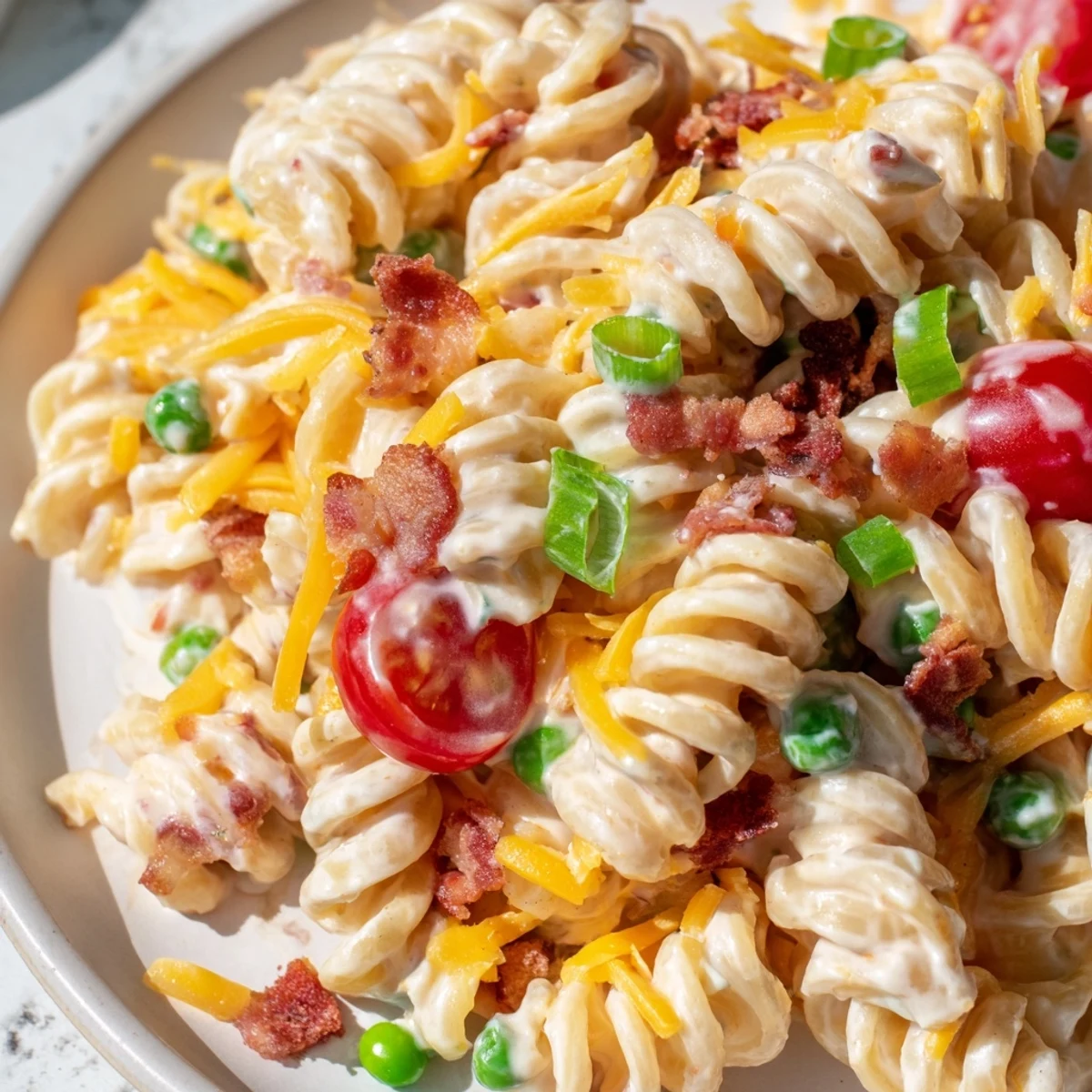 Heaping scoop of addictive crack pasta salad coated in ranch dressing beside green onion garnish