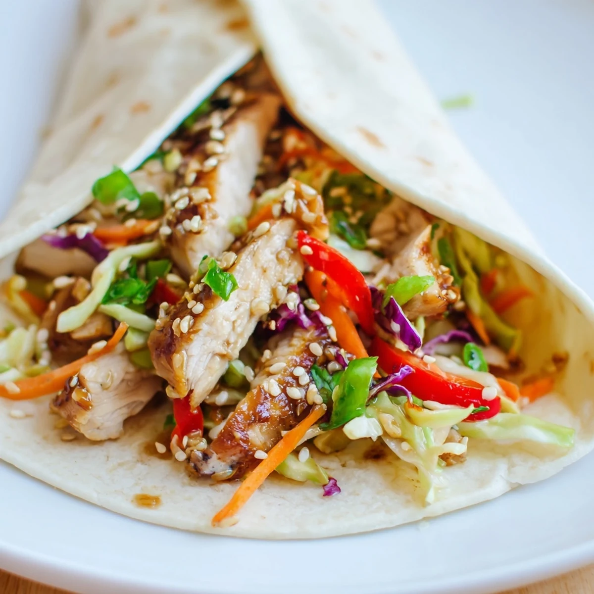 Juicy sliced chicken nestled in a warm tortilla alongside colorful crunchy Asian slaw for Thai chicken wraps