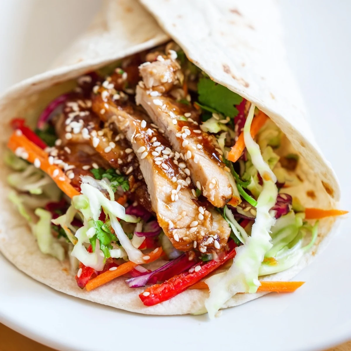 Plated Thai chicken wraps with vibrant purple cabbage slaw, sesame seed topping, and fresh lime wedges