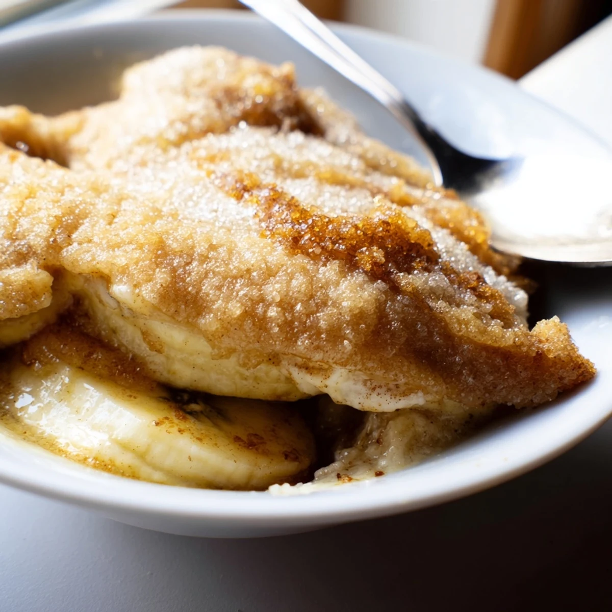 Ripe banana slices under a golden baked crust in Southern banana cobbler