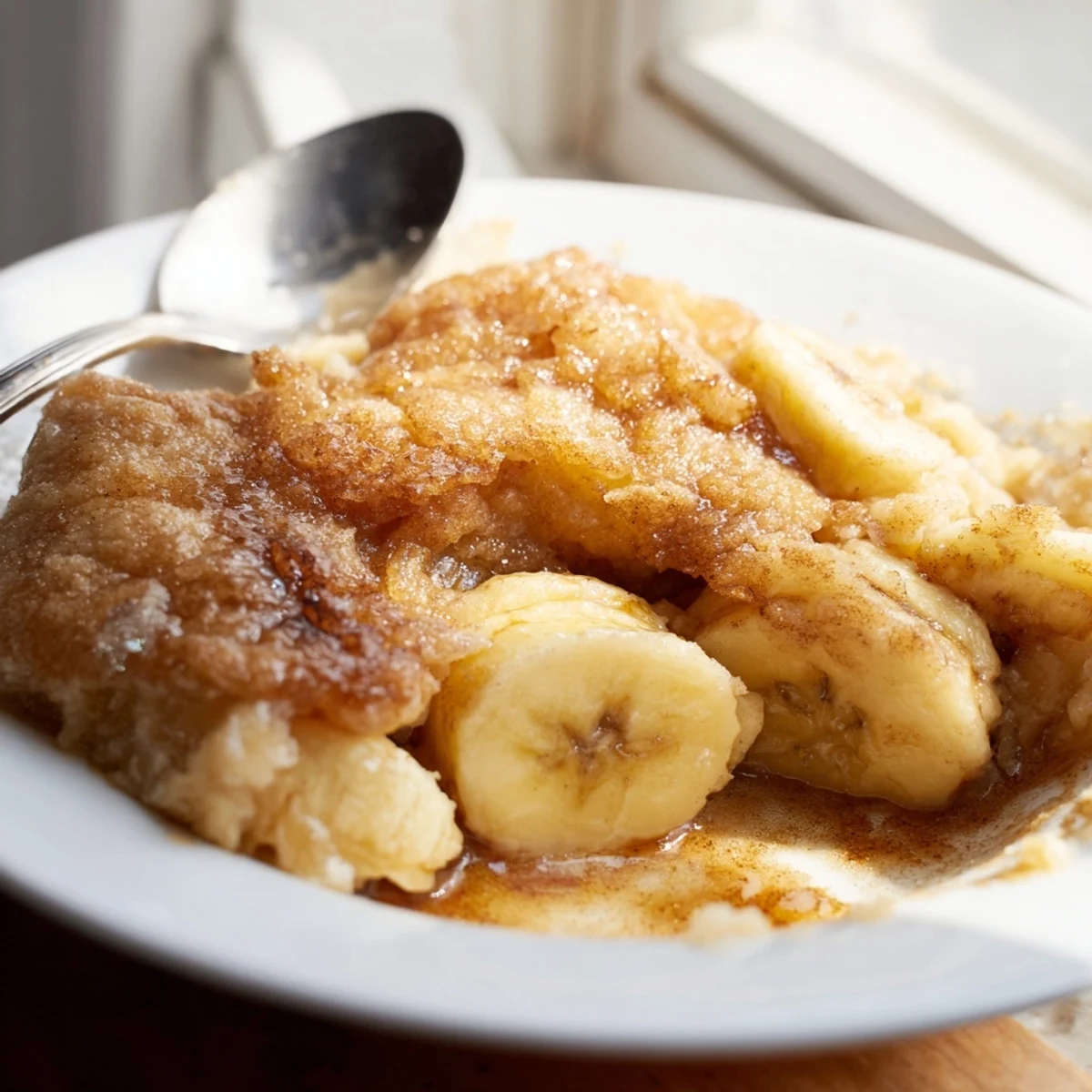 Warm Southern banana cobbler served with vanilla ice cream in a rustic dish