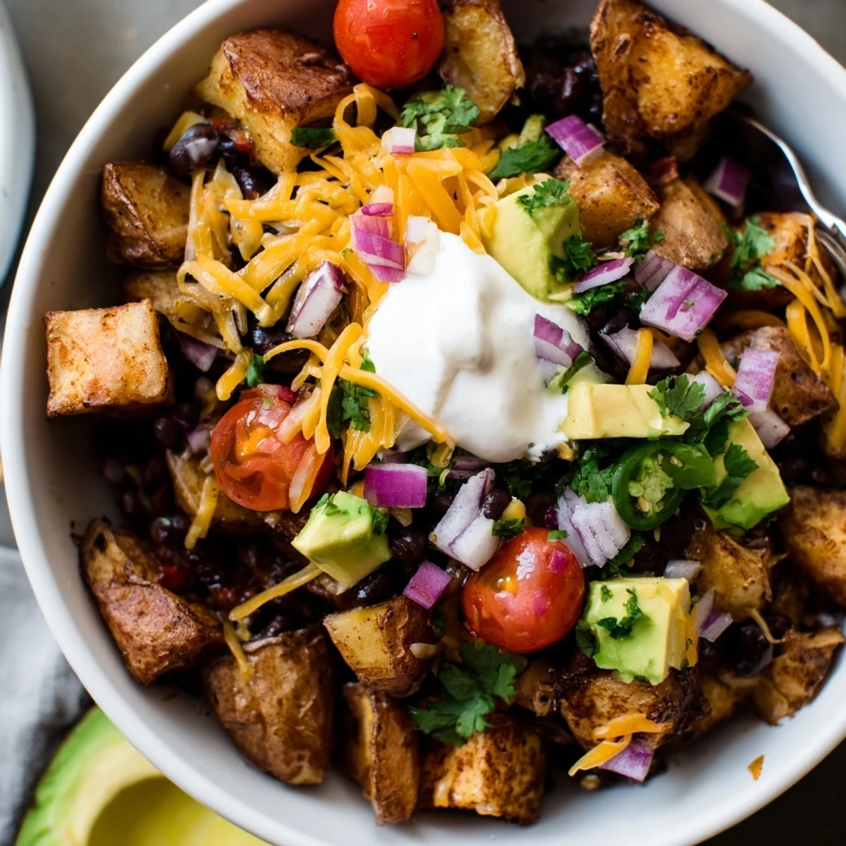 Golden crispy potato bowls topped with melted cheddar, black beans, and fresh avocado