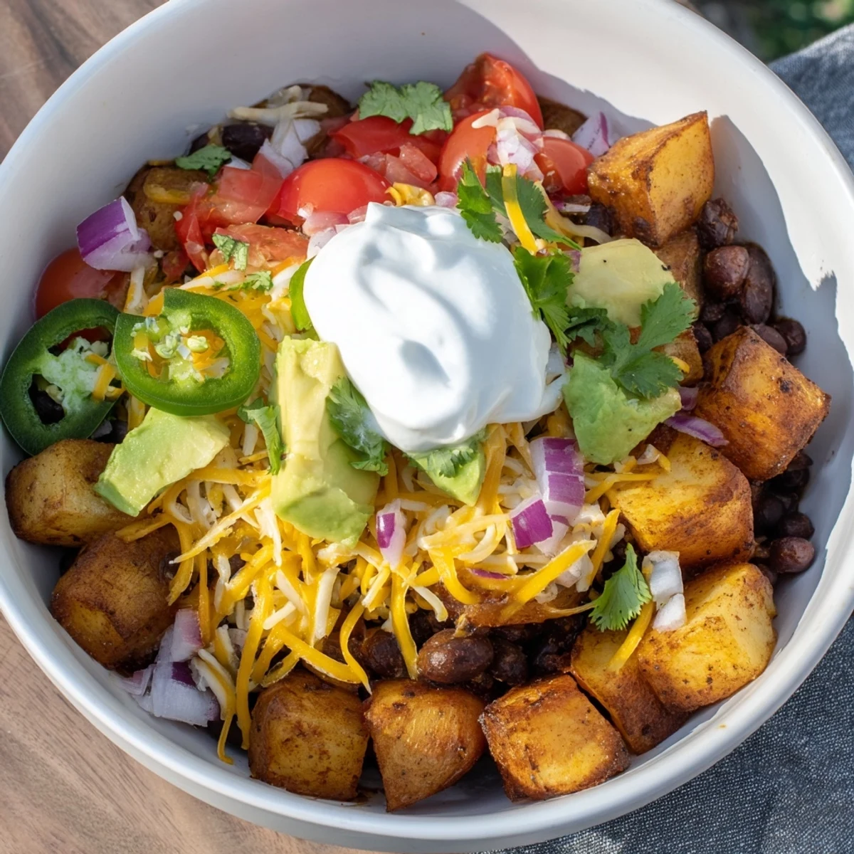 Loaded Fiesta Potato Bowls drizzled with sour cream and a bright lime squeeze