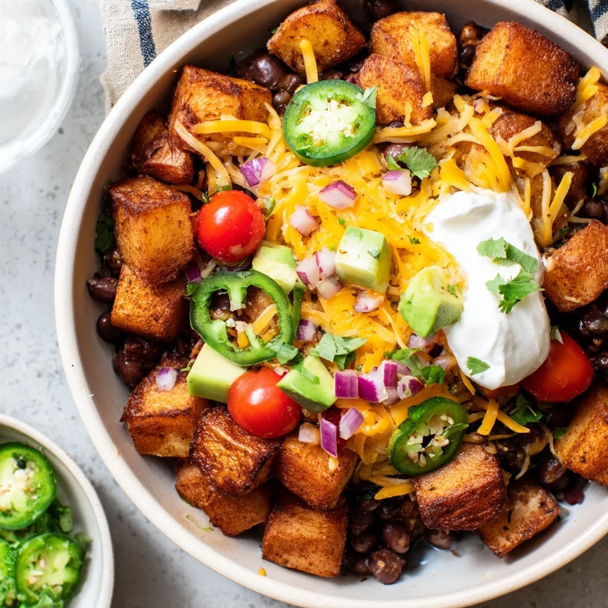 A colorful Tex-Mex potato bowl brimming with zesty beans, corn, and juicy tomatoes