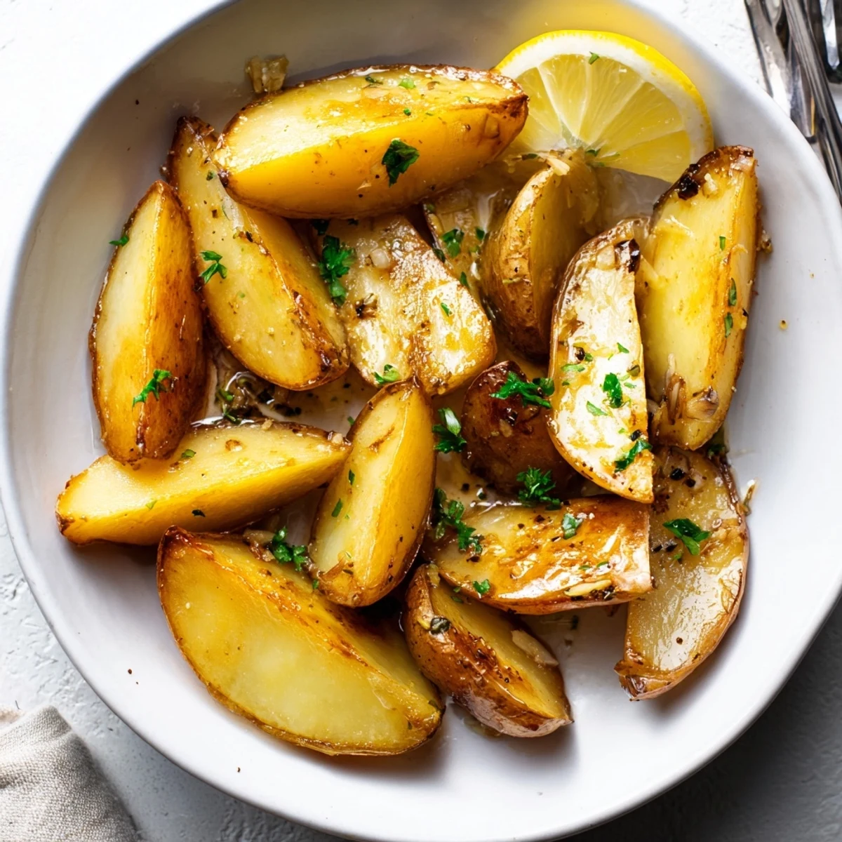Authentic Greek Lemon Potatoes Recipe: golden wedges roasted, citrusy aroma, herb-sprinkled