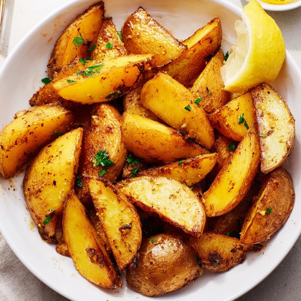 Oven-roasted Authentic Greek Lemon Potatoes Recipe glistening in lemon-garlic pan juices