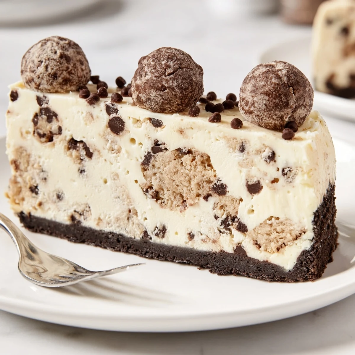 Chocolate Chip Cookie Dough Cheesecake chilled, creamy slices with gooey cookie dough pockets