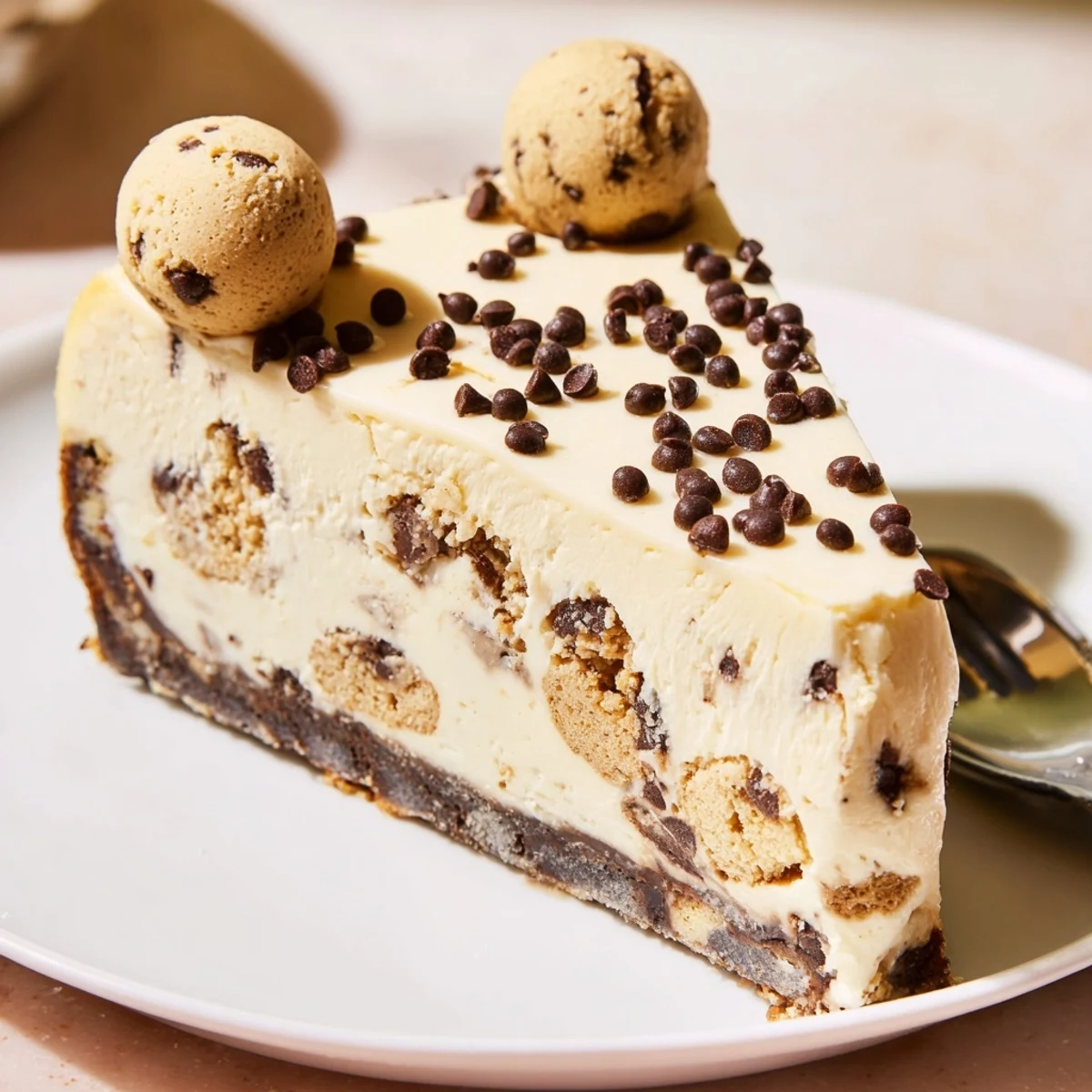 A velvety slice of Chocolate Chip Cookie Dough Cheesecake on plate, chocolate drizzle
