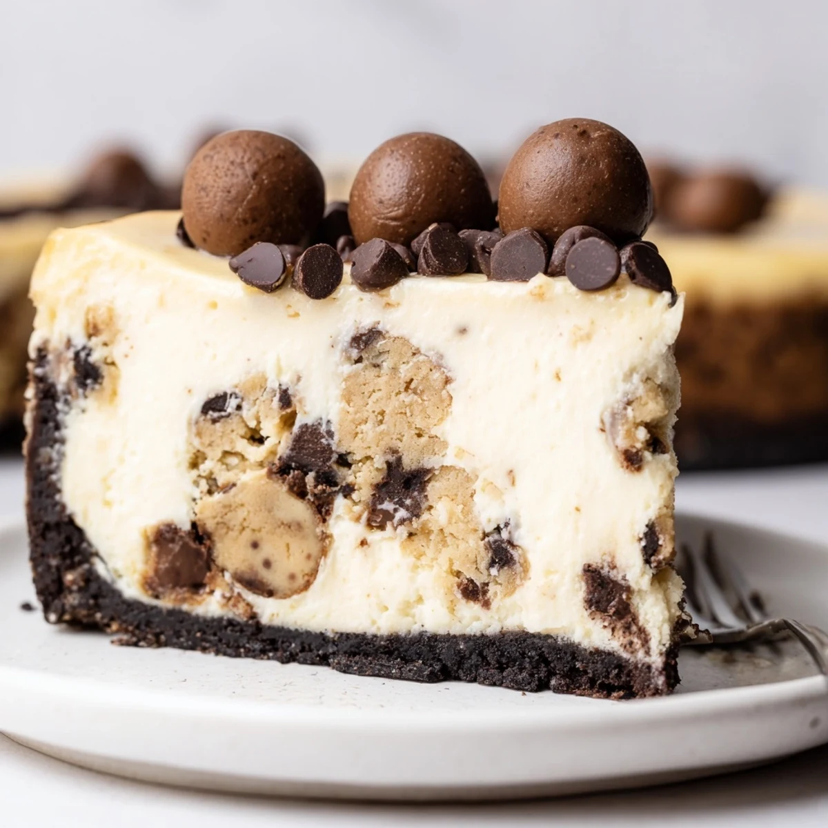 Warm-baked Chocolate Chip Cookie Dough Cheesecake cooling in springform pan, rich chocolate crust