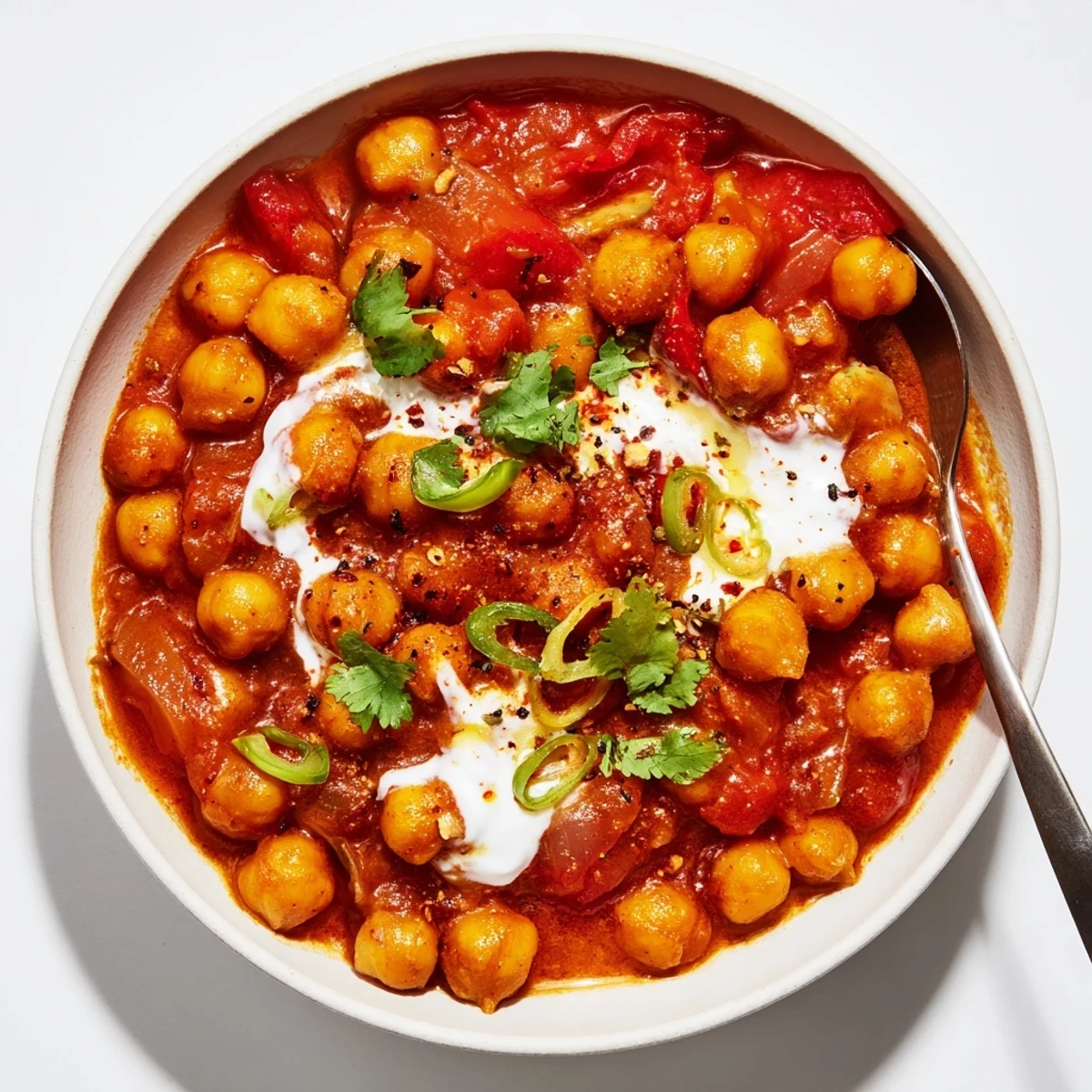 Creamy Greek Yogurt Chickpea Curry steaming in skillet, garnished with cilantro