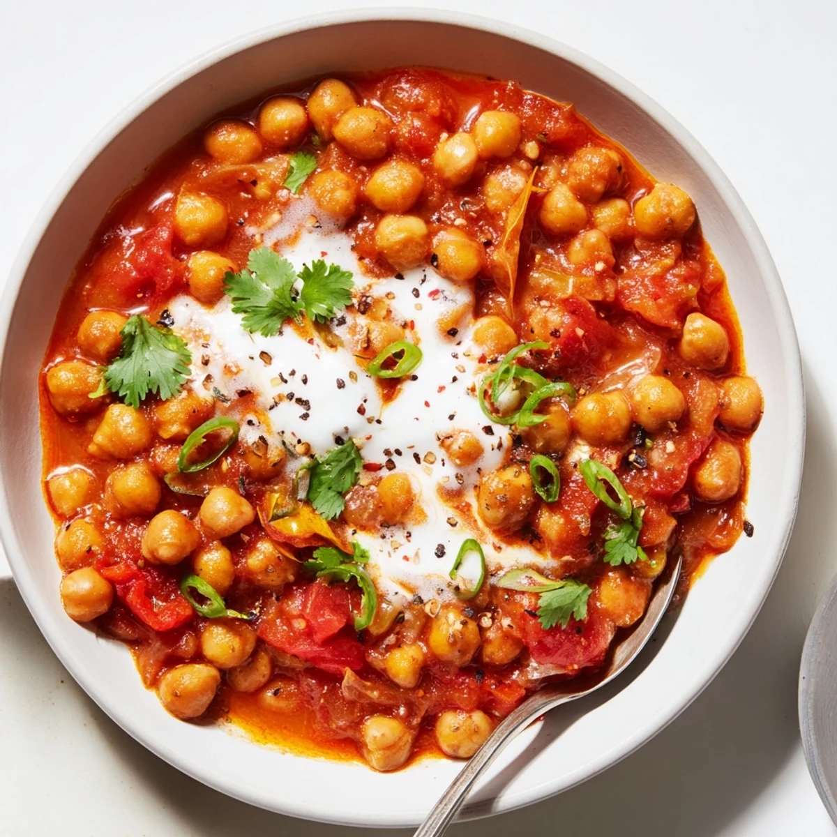 Hearty Greek Yogurt Chickpea Curry ladled over fluffy basmati rice, aromatic