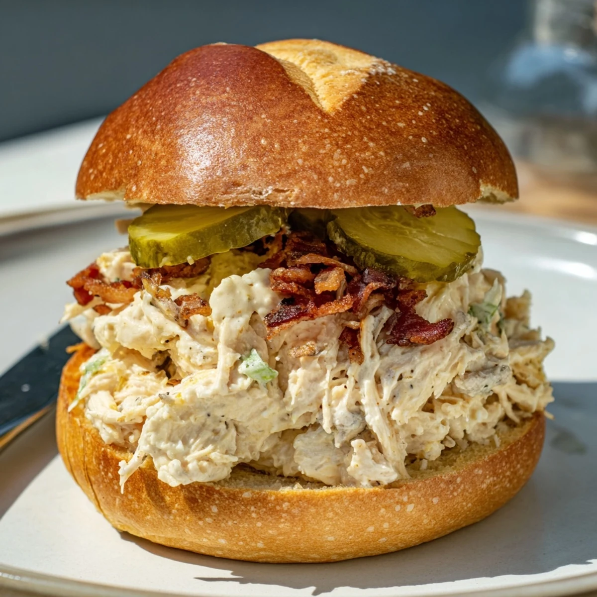 Creamy Crack Chicken Sandwiches piled with crispy bacon on toasted brioche buns