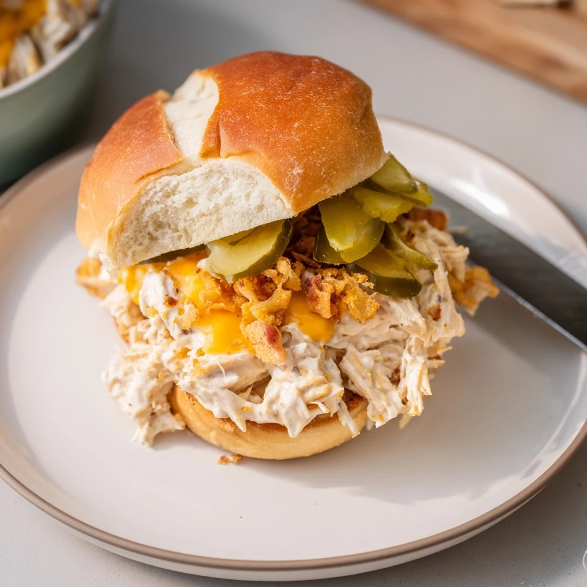 Weeknight Crack Chicken Sandwiches topped with pickles and extra crumbled bacon