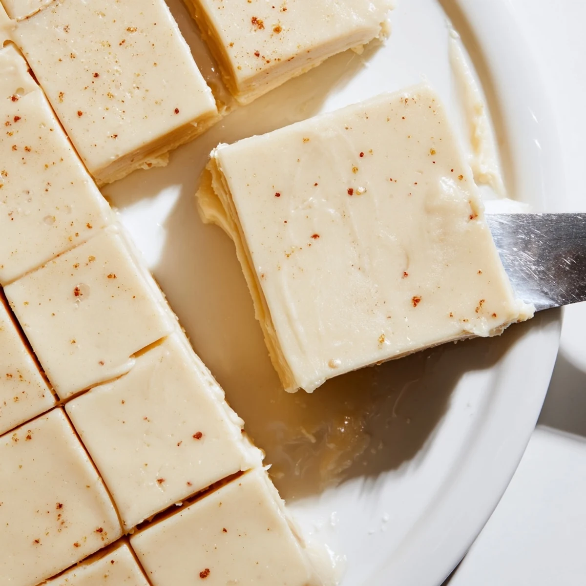 Plate of Eggnog Fudge squares, warm spices visible, ready for guests.