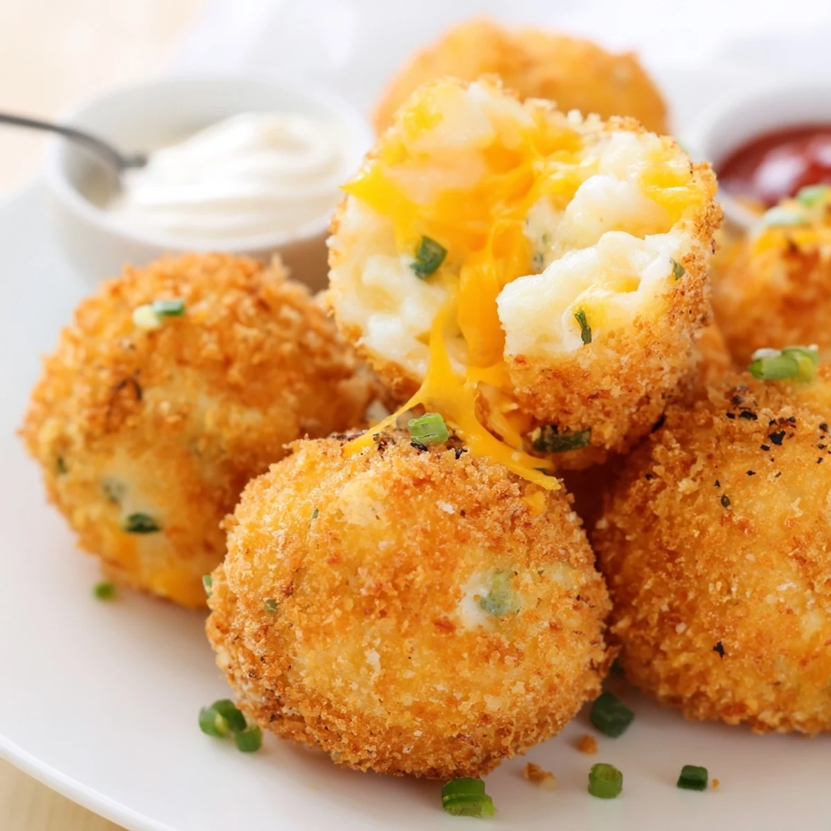 Crispy golden Fried Mashed Potato Balls served hot with creamy ranch dip