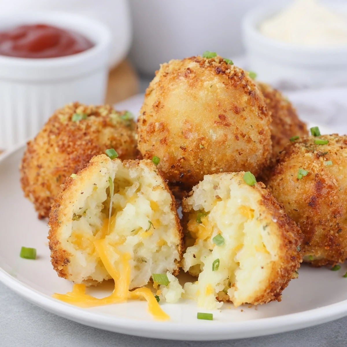 Close-up of Fried Mashed Potato Balls revealing cheesy, steaming, pillowy centers