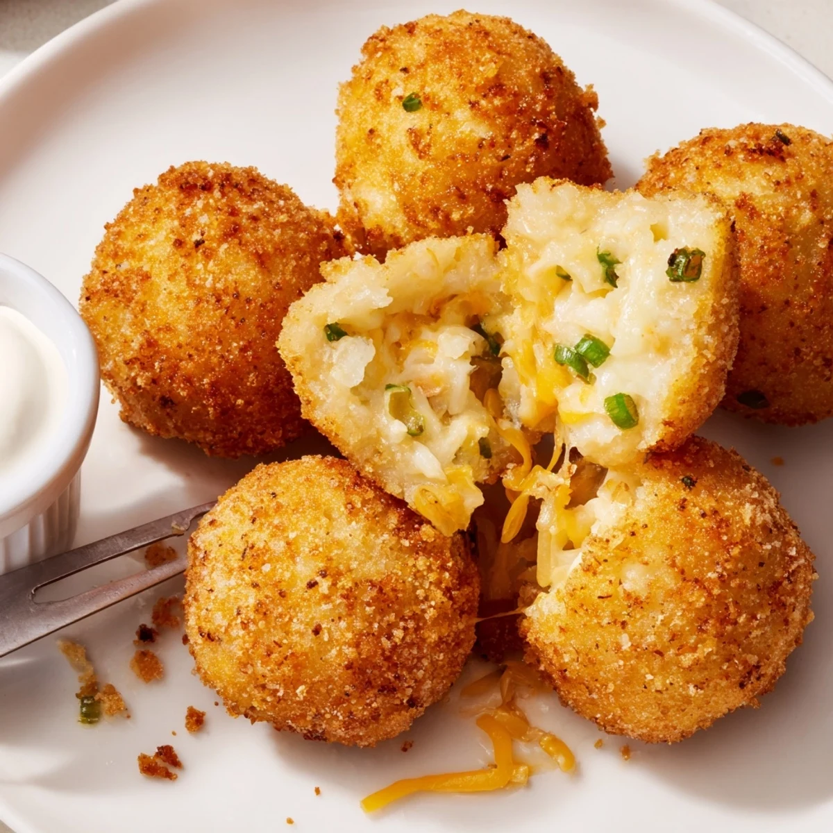 Tray of freshly golden Fried Mashed Potato Balls beside spicy ketchup