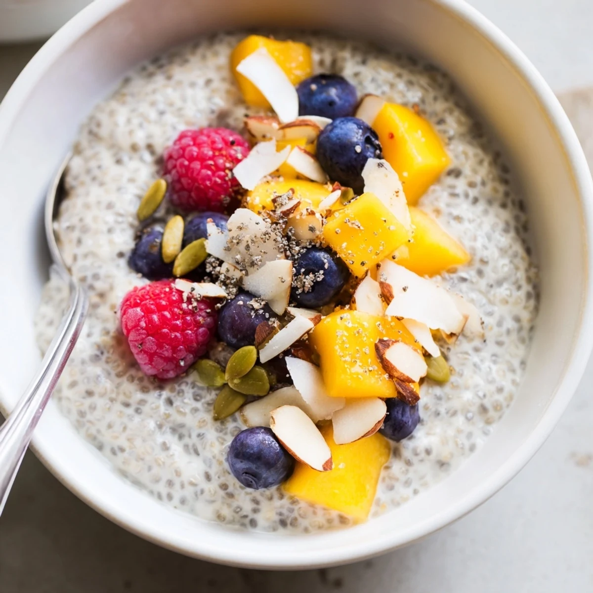 Coconut Chia Pudding topped with fresh mango and toasted coconut flakes