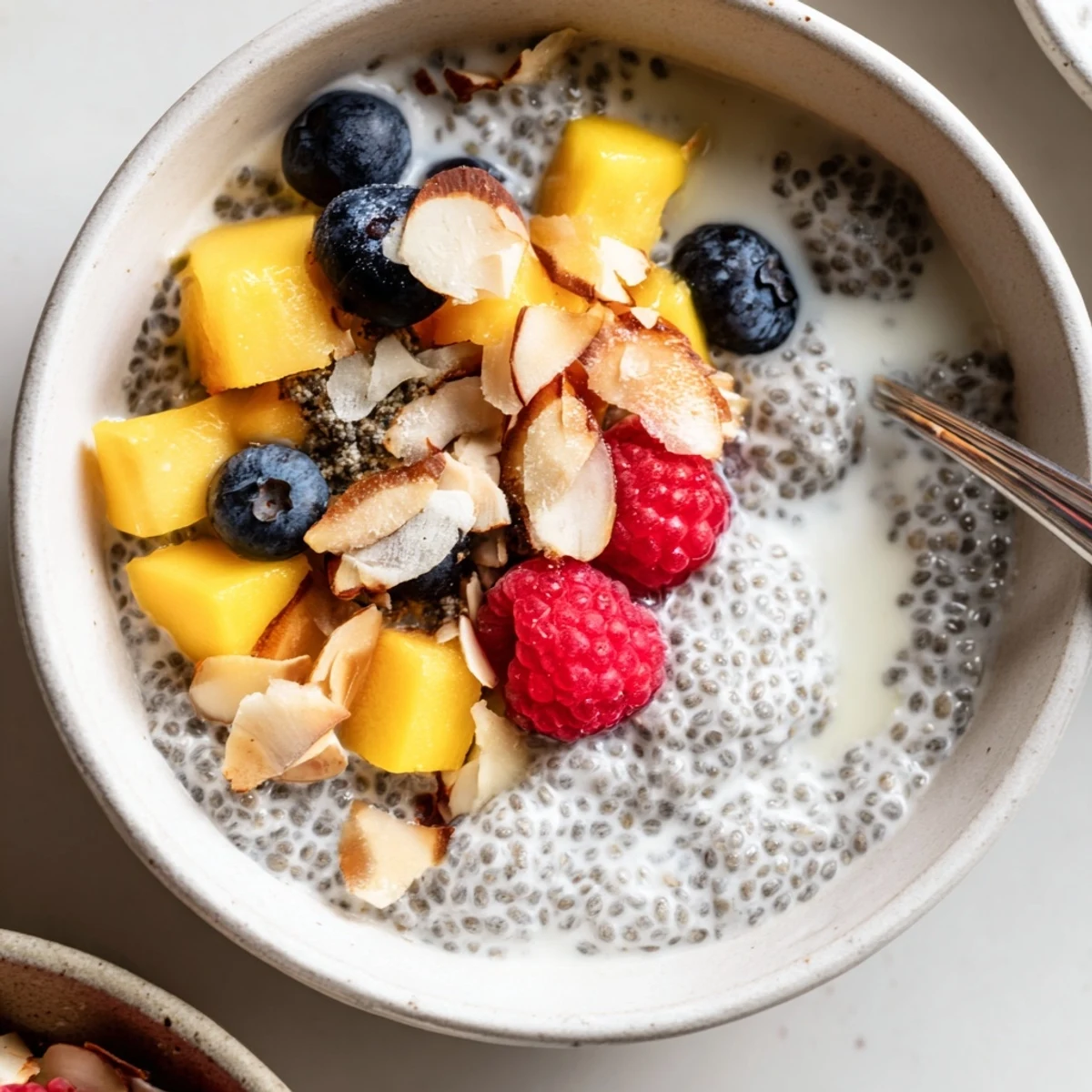 Silky Coconut Chia Pudding chilled overnight, garnished with berries and almonds