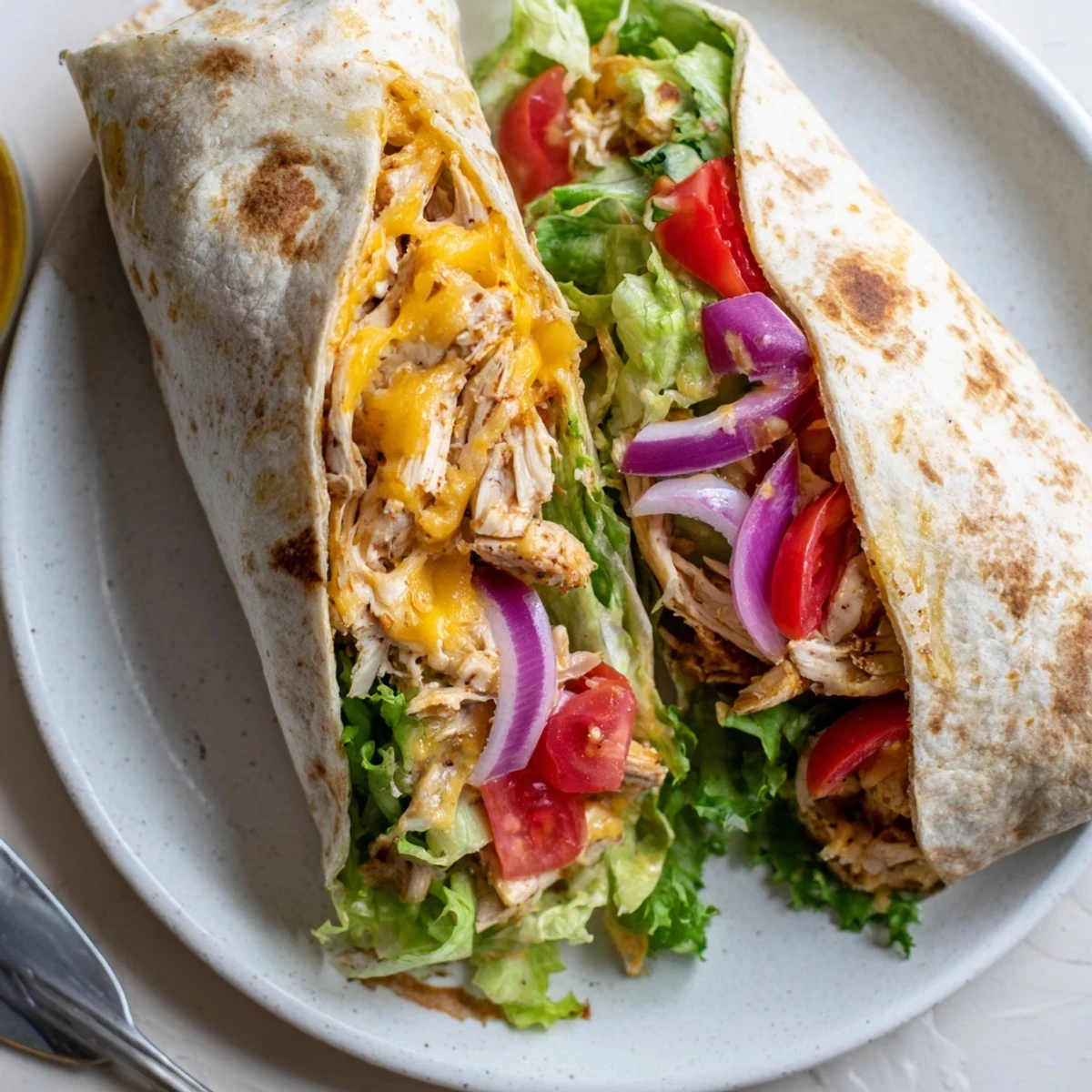 Warm Cheesy Garlic Chicken Wraps sliced in half, gooey cheese, fresh lettuce.