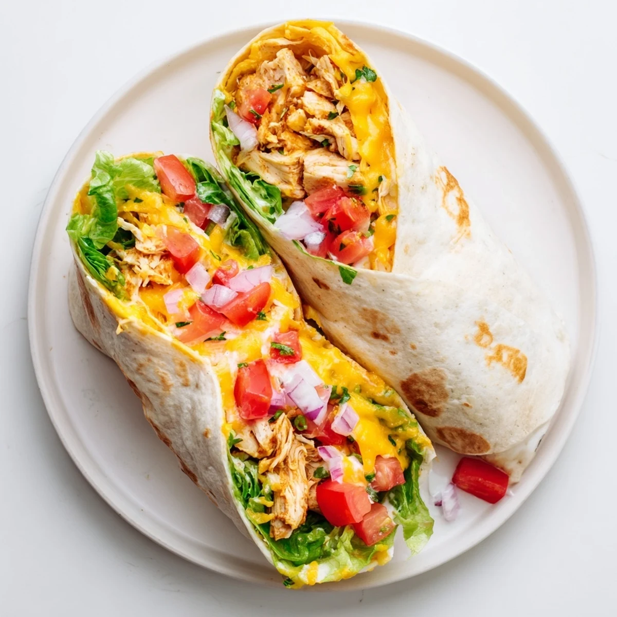 Cheesy Garlic Chicken Wraps on plate with avocado and crisp tomato.