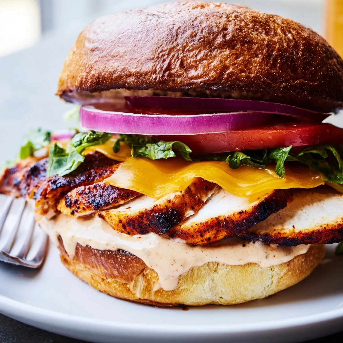 Spicy Chicken Sandwich With Creamy Sauce: juicy grilled chicken, toasted bun, melted cheddar