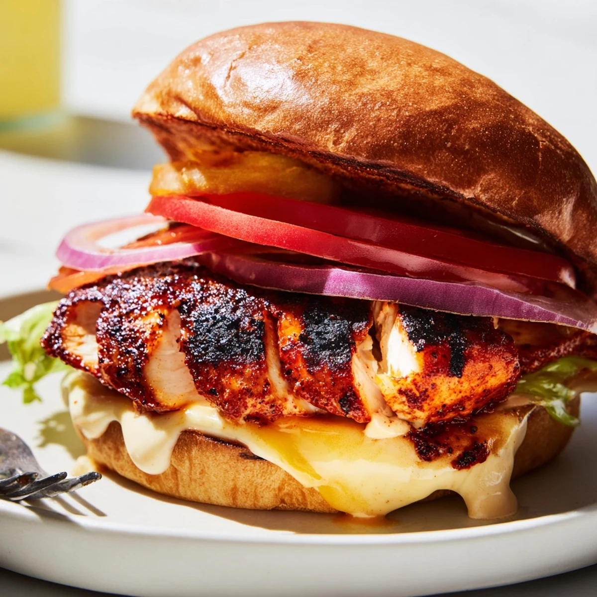 A close-up of Spicy Chicken Sandwich With Creamy Sauce layered with crisp lettuce