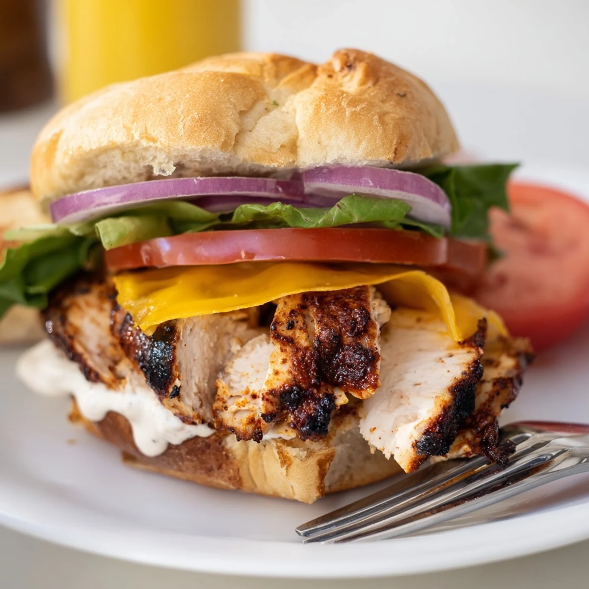 Weeknight dinner: Spicy Chicken Sandwich With Creamy Sauce served beside sweet potato fries