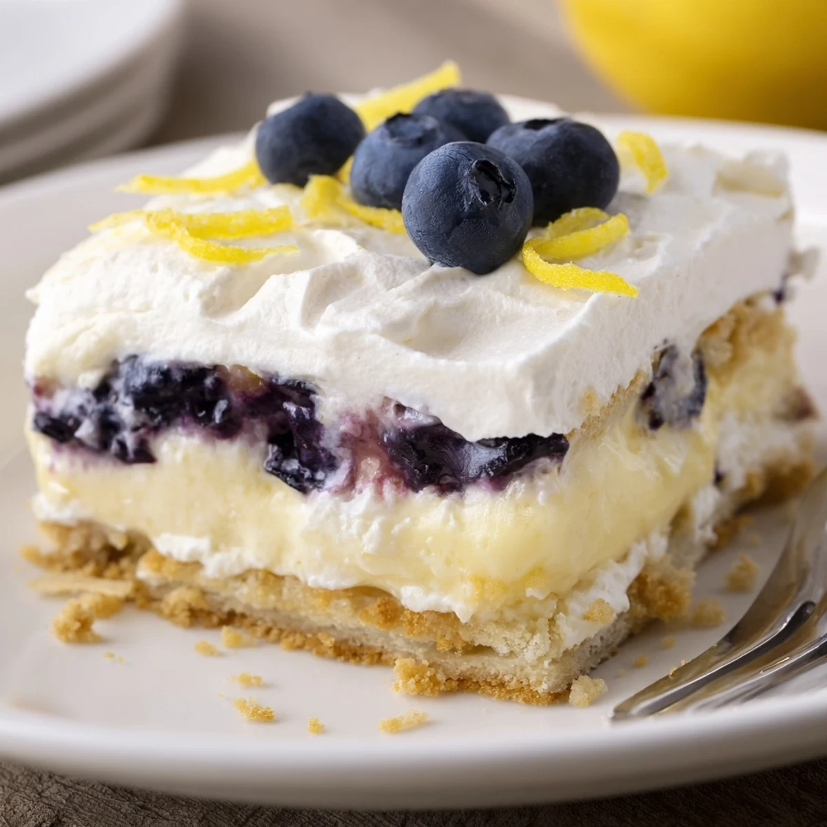 No-bake Lemon Blueberry Lasagna Recipe with creamy layers and bursting blueberries