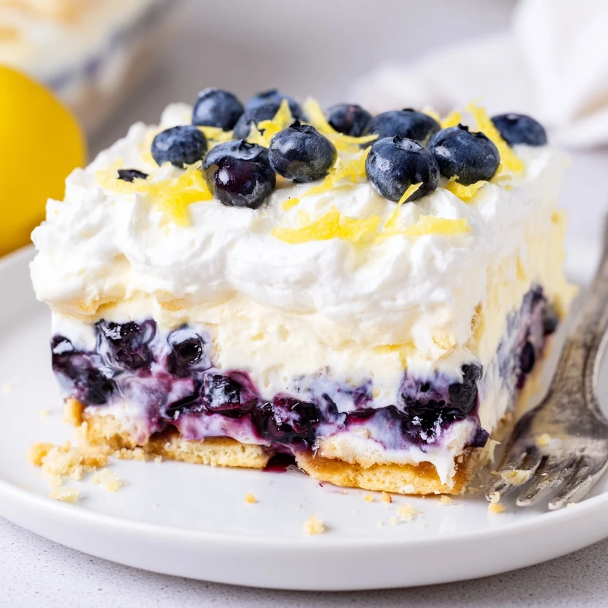 Creamy Lemon Blueberry Lasagna Recipe served with sparkling Moscato or chilled lemonade