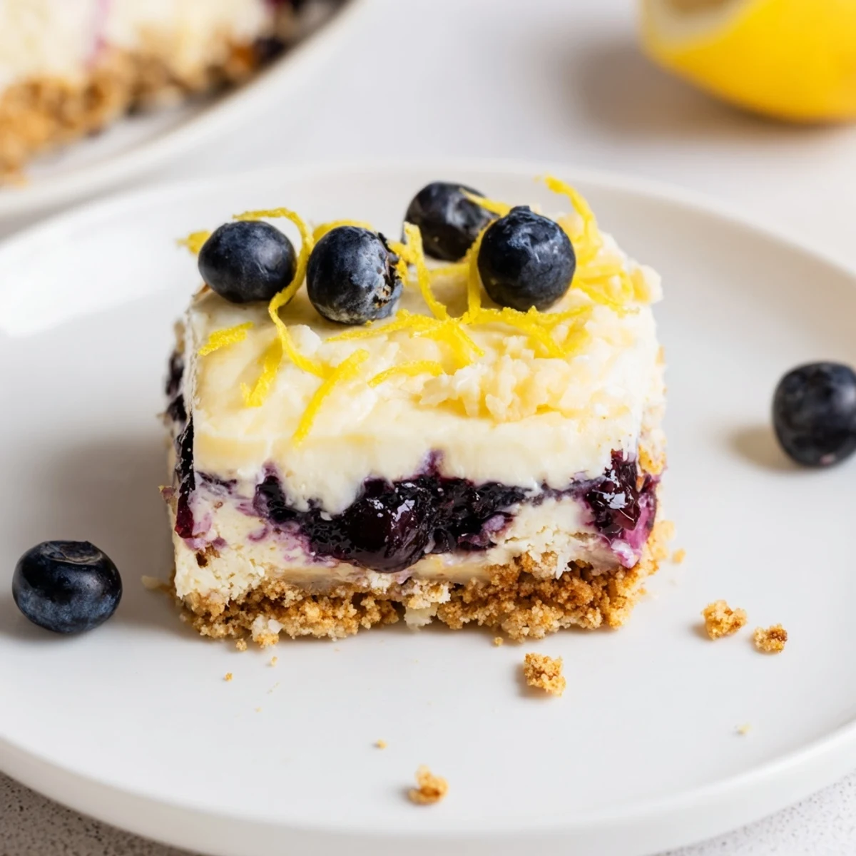 Slices of chilled Lemon Blueberry Lasagna Recipe topped with whipped cream and zest