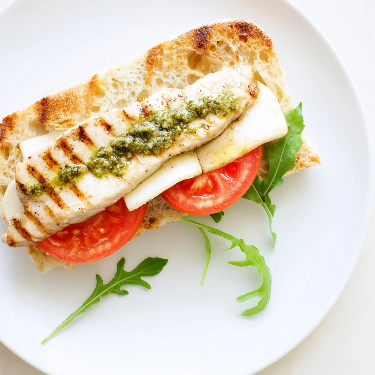 Grilled juicy chicken, ripe tomato, and arugula stacked in Chicken Pesto Sandwich Recipe