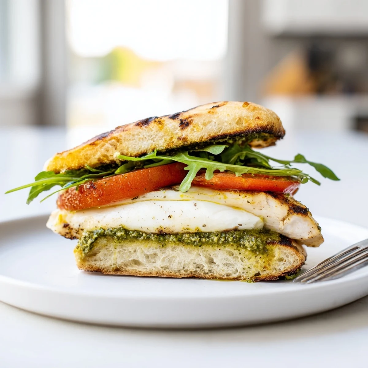 Warm skillet seared chicken, pesto aroma, gooey mozzarella in Chicken Pesto Sandwich Recipe