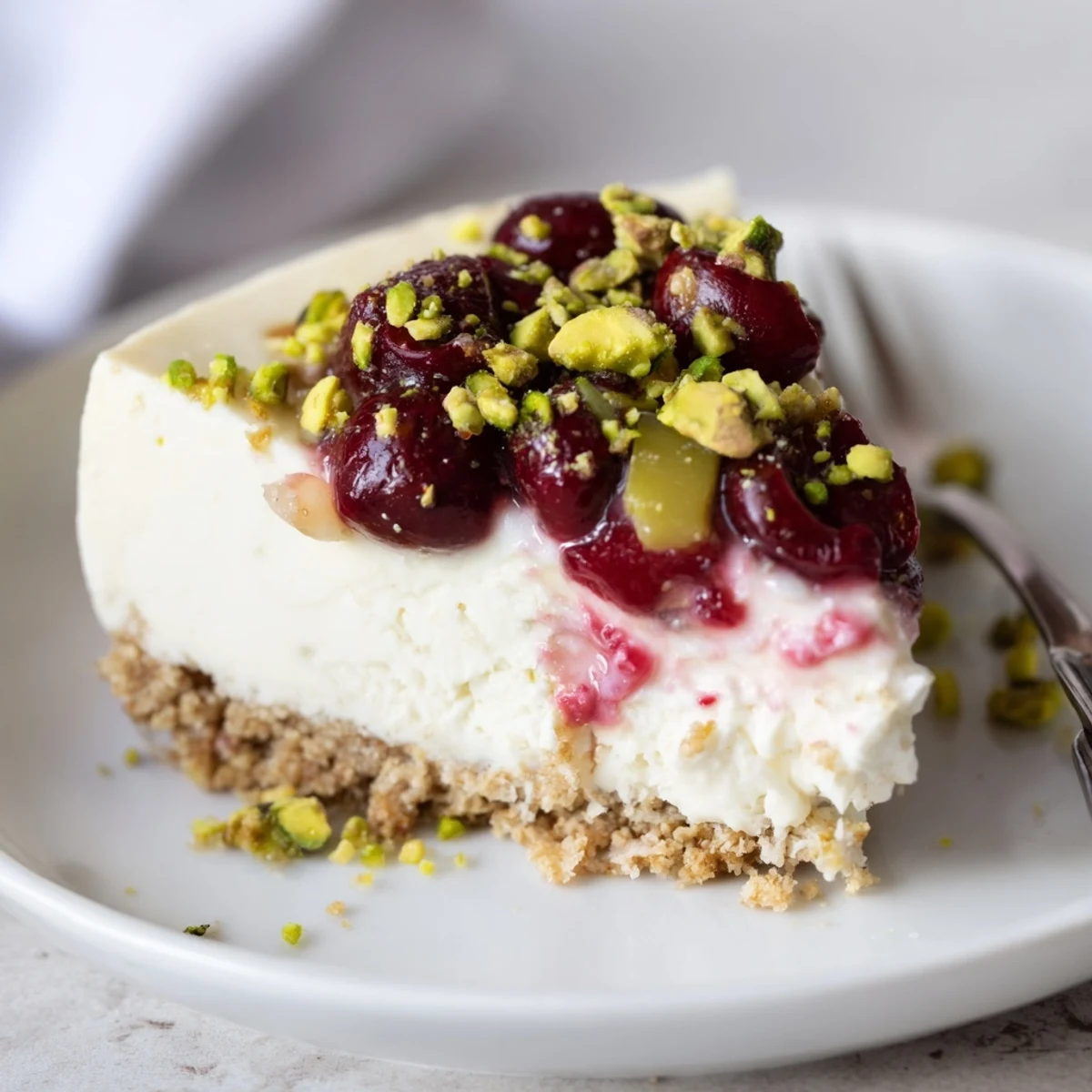 Lemon Lime Cherry Pistachio Cheesecake topped with glossy cherries and crunchy pistachio garnish