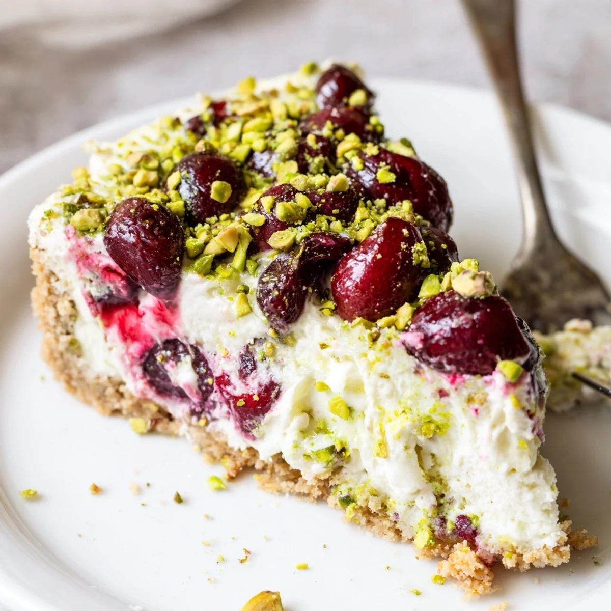 Whole Lemon Lime Cherry Pistachio Cheesecake chilling on counter, vibrant citrus aroma visible