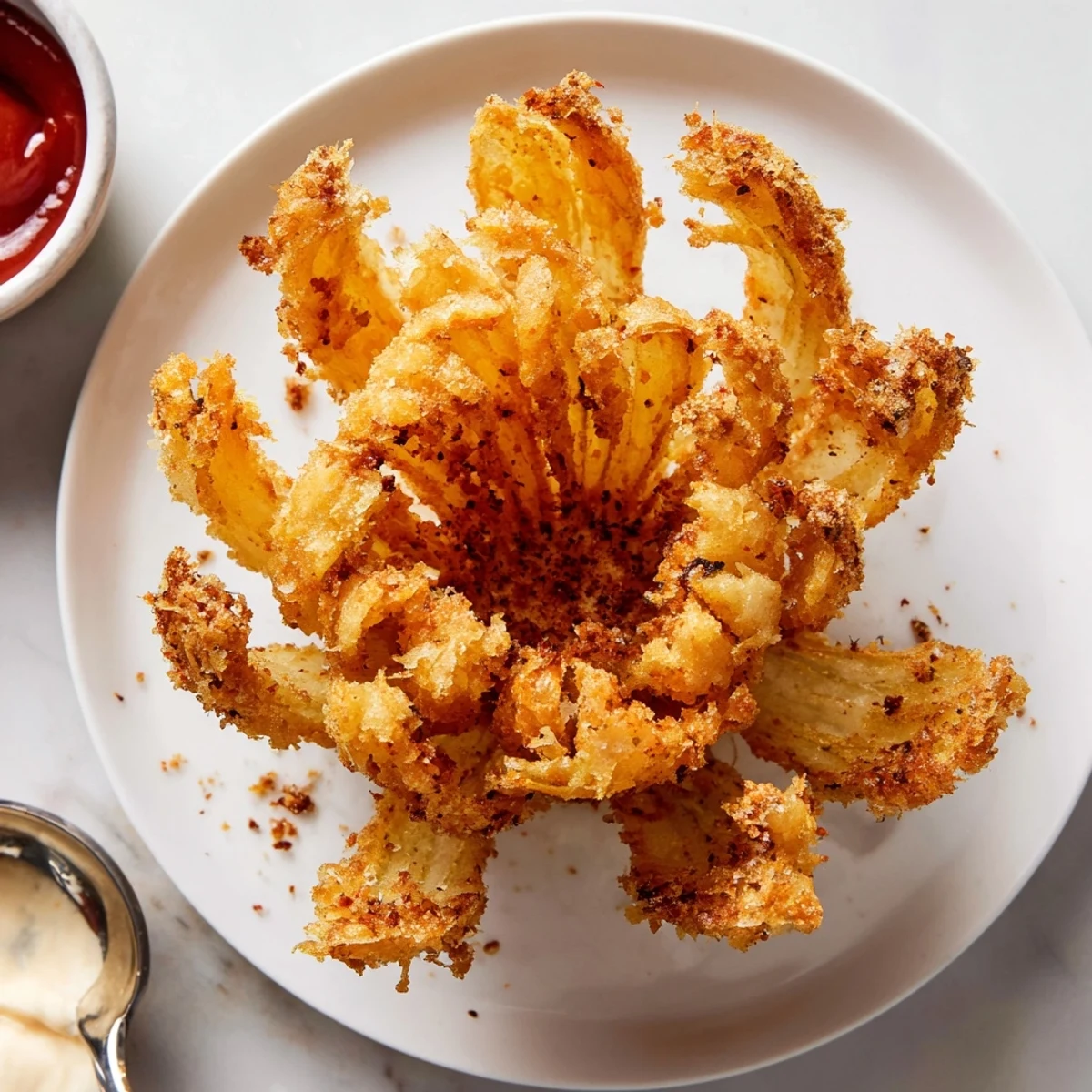 Crispy Mini Bloomin Onions Recipe: golden petals, crunchy batter, served with spicy dip