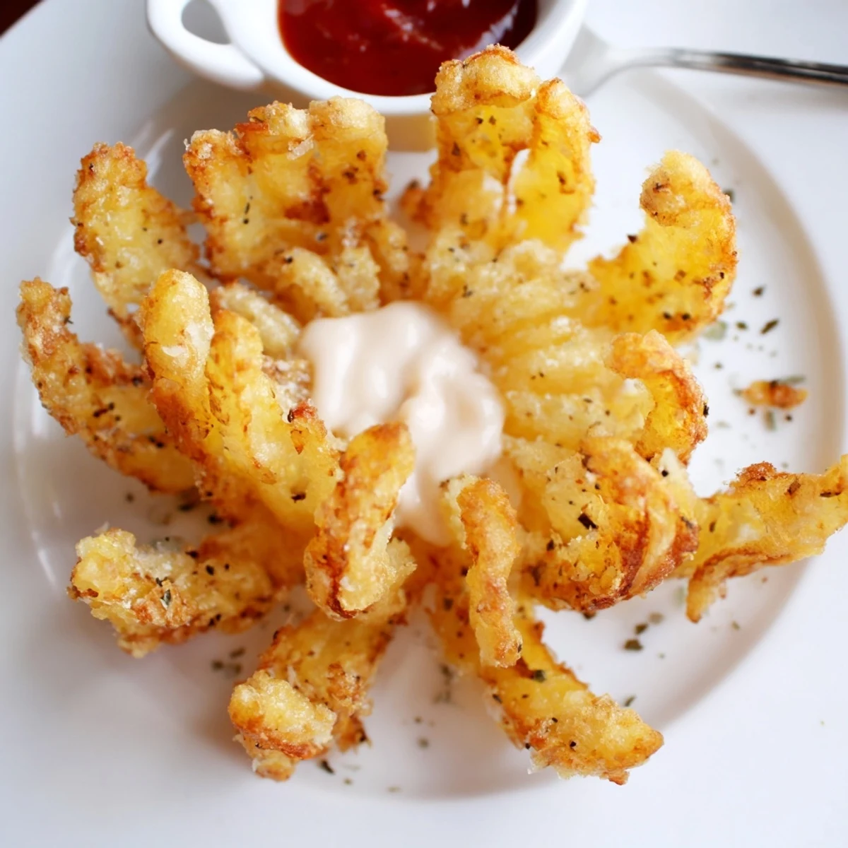 Crispy Mini Bloomin Onions Recipe photographed cut-side down, steam rising, dipping sauce nearby