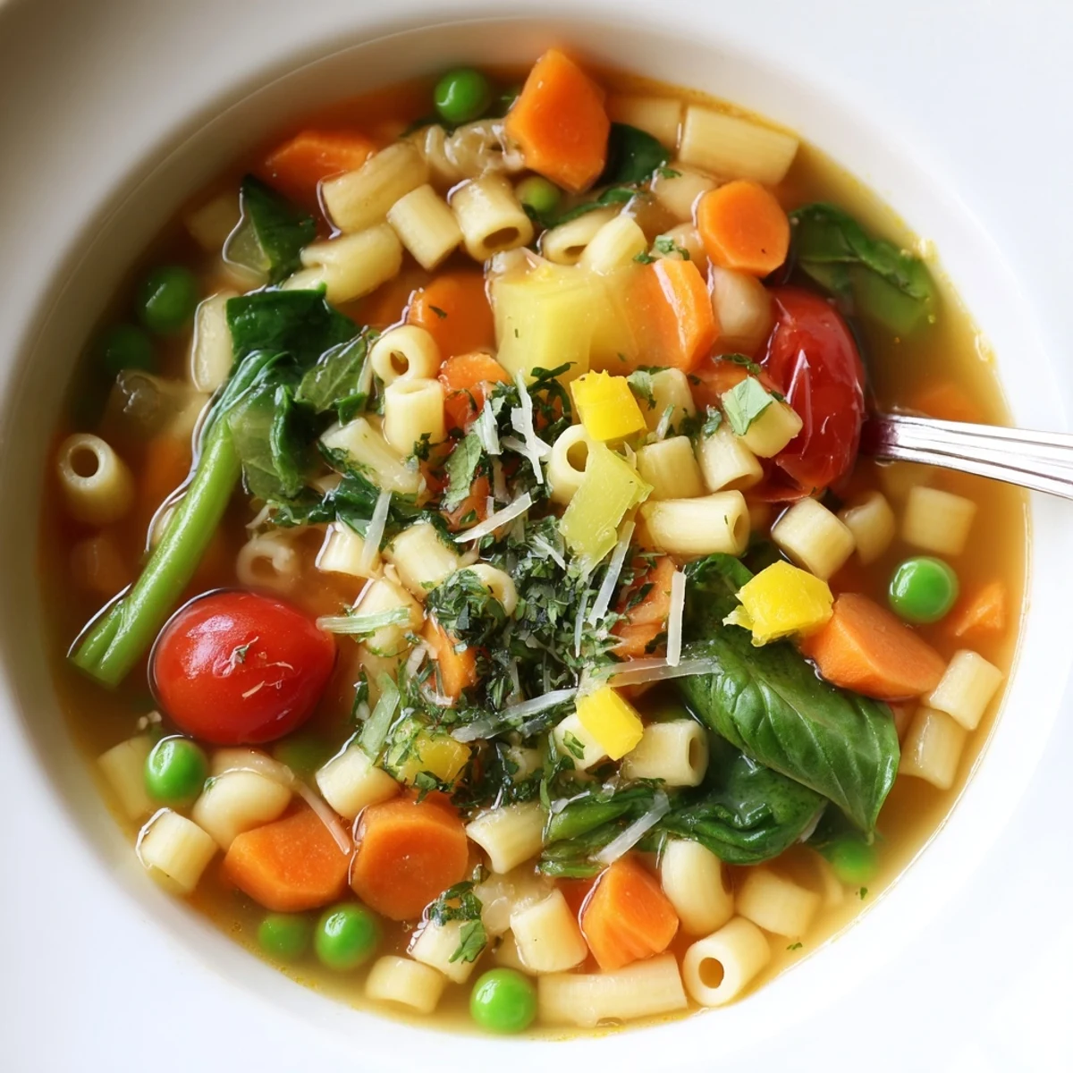 Spring Minestrone Soup Recipe steaming in bowl with bright vegetables and basil