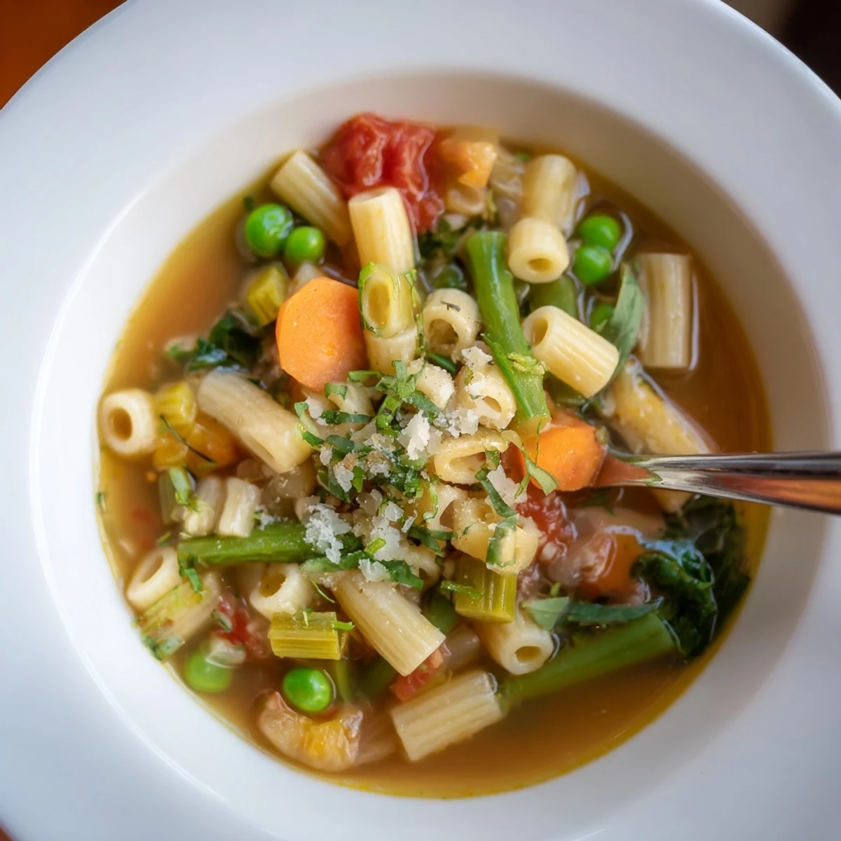 Bright, fragrant Spring Minestrone Soup Recipe served with crusty bread for comfort