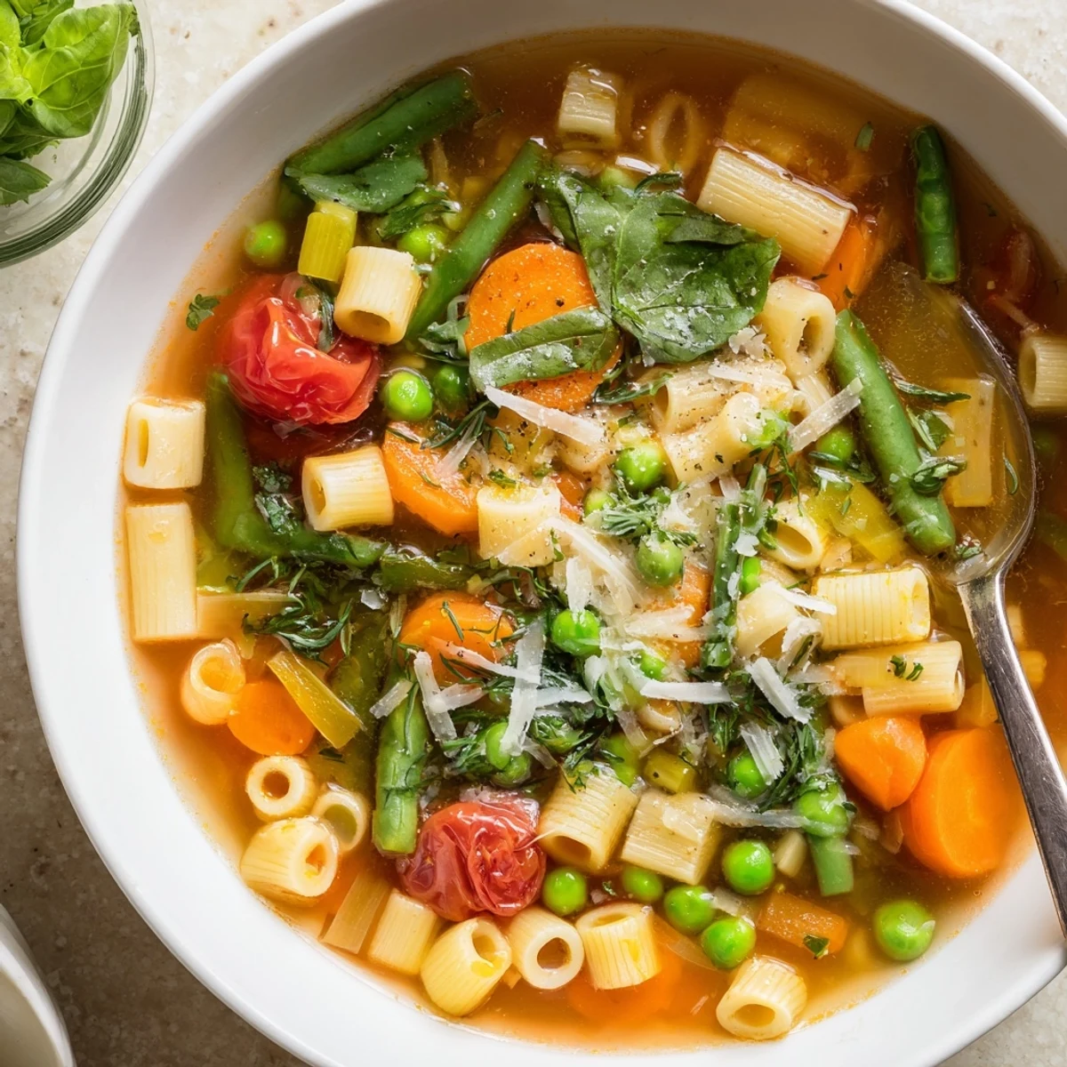 Hearty Spring Minestrone Soup Recipe ladled with pasta, Parmesan, and olive oil