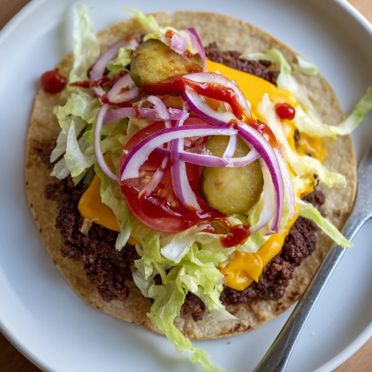 Smash Burger Tacos with crispy browned edges, melted cheddar, and tomato slices