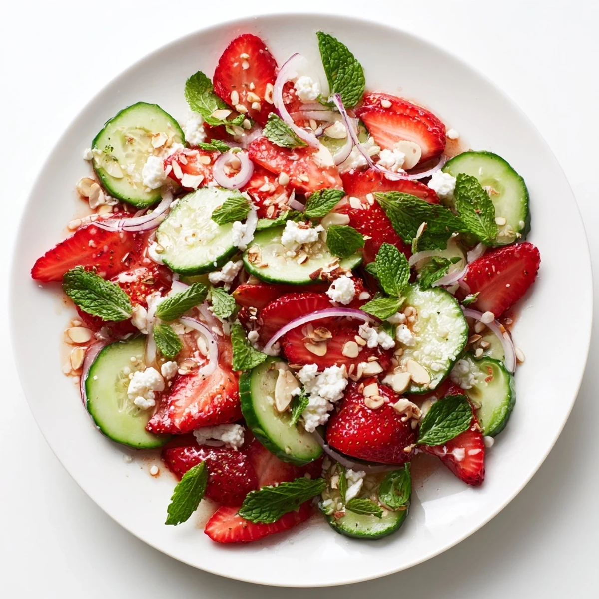 Cucumber Strawberry Salad in a bright bowl, juicy strawberries and crisp cucumbers.