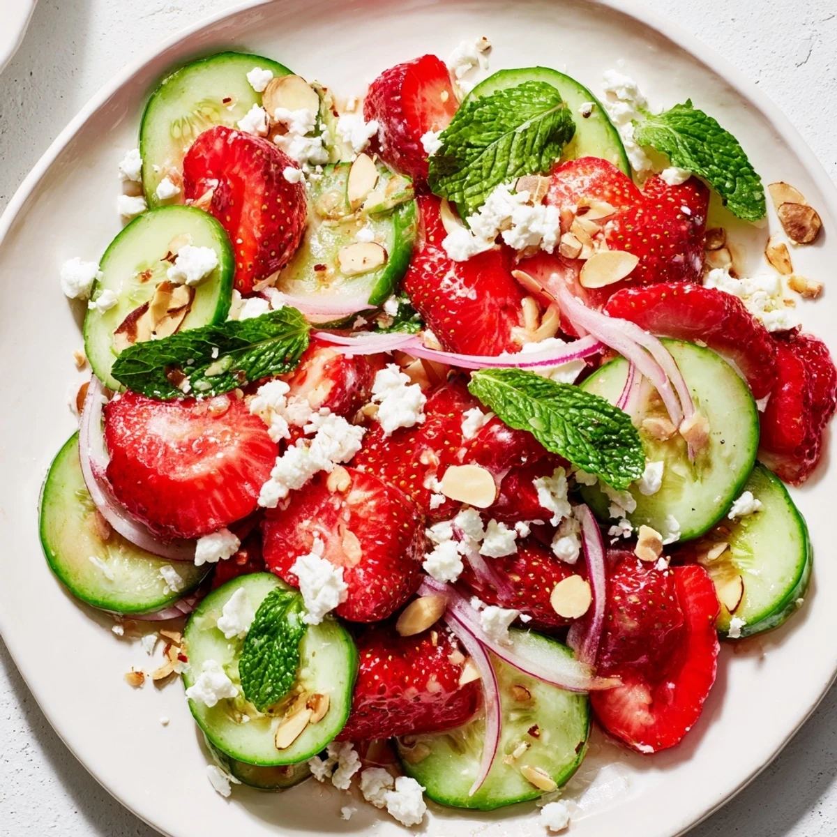 Chilled Cucumber Strawberry Salad tossed with white balsamic dressing and fresh mint.