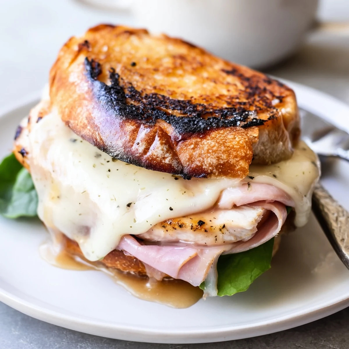 Grilled Chicken Cordon Bleu Sandwich with melty Swiss, smoky ham, toasted brioche