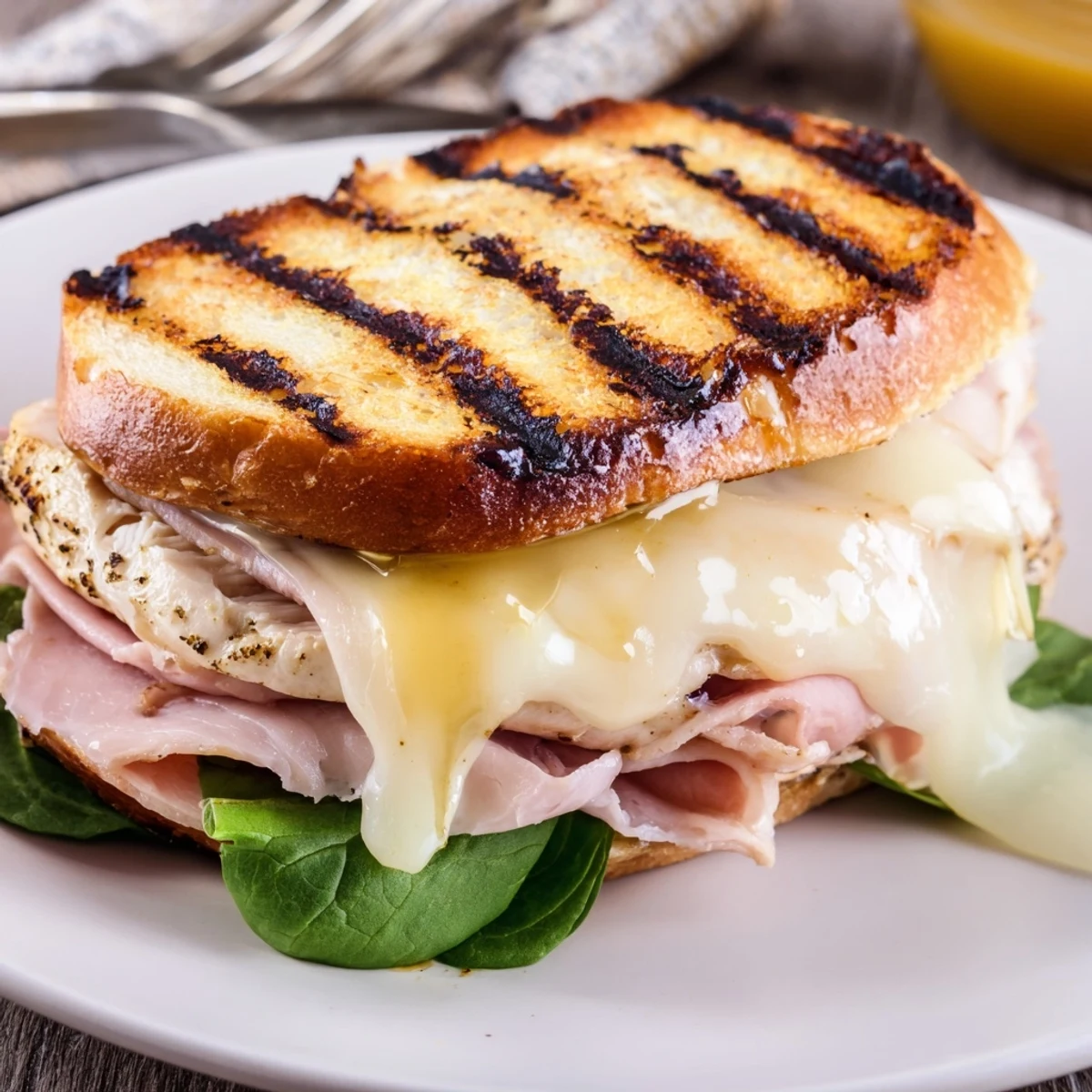Warm Grilled Chicken Cordon Bleu Sandwich with seared exterior, ham, Dijon honey