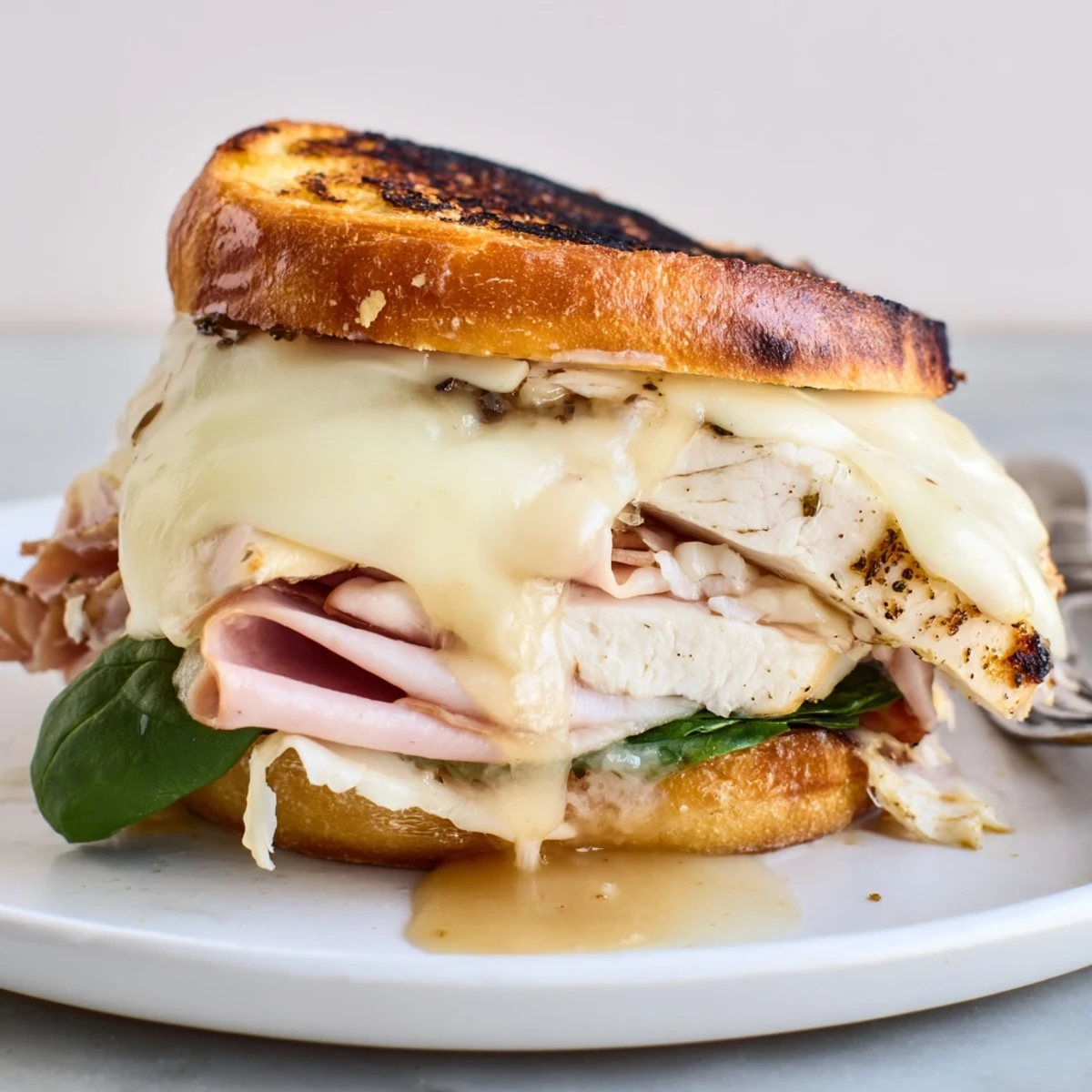 Grilled Chicken Cordon Bleu Sandwich sliced open, gooey cheese, bed of spinach