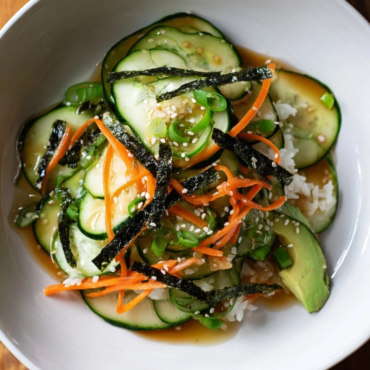 Chilled Sushi Cucumber Salad with glossy nori strips and toasted sesame seeds