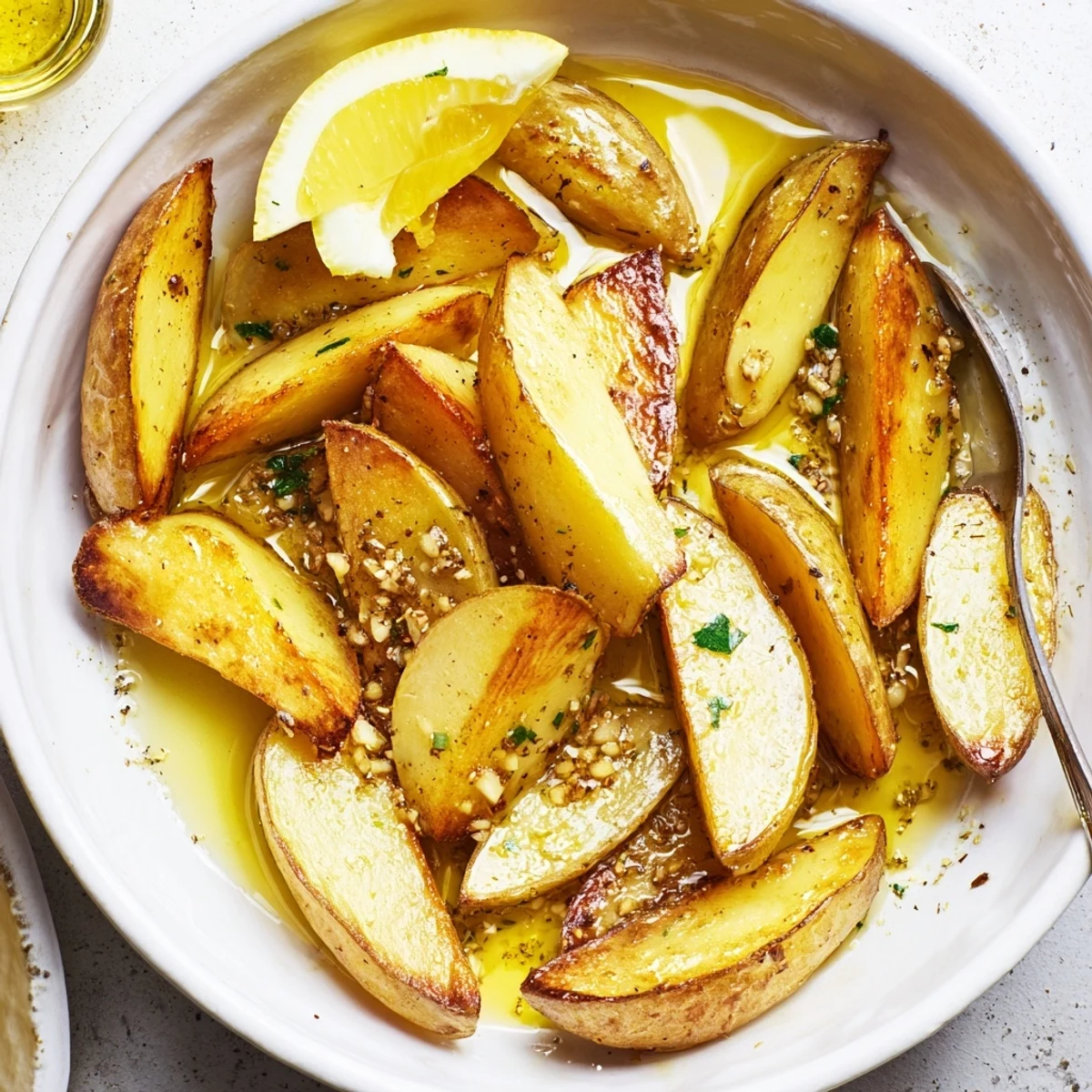 Oven-browned Authentic Greek Lemon Potatoes Recipe, tender inside with crisp, herb-speckled edges