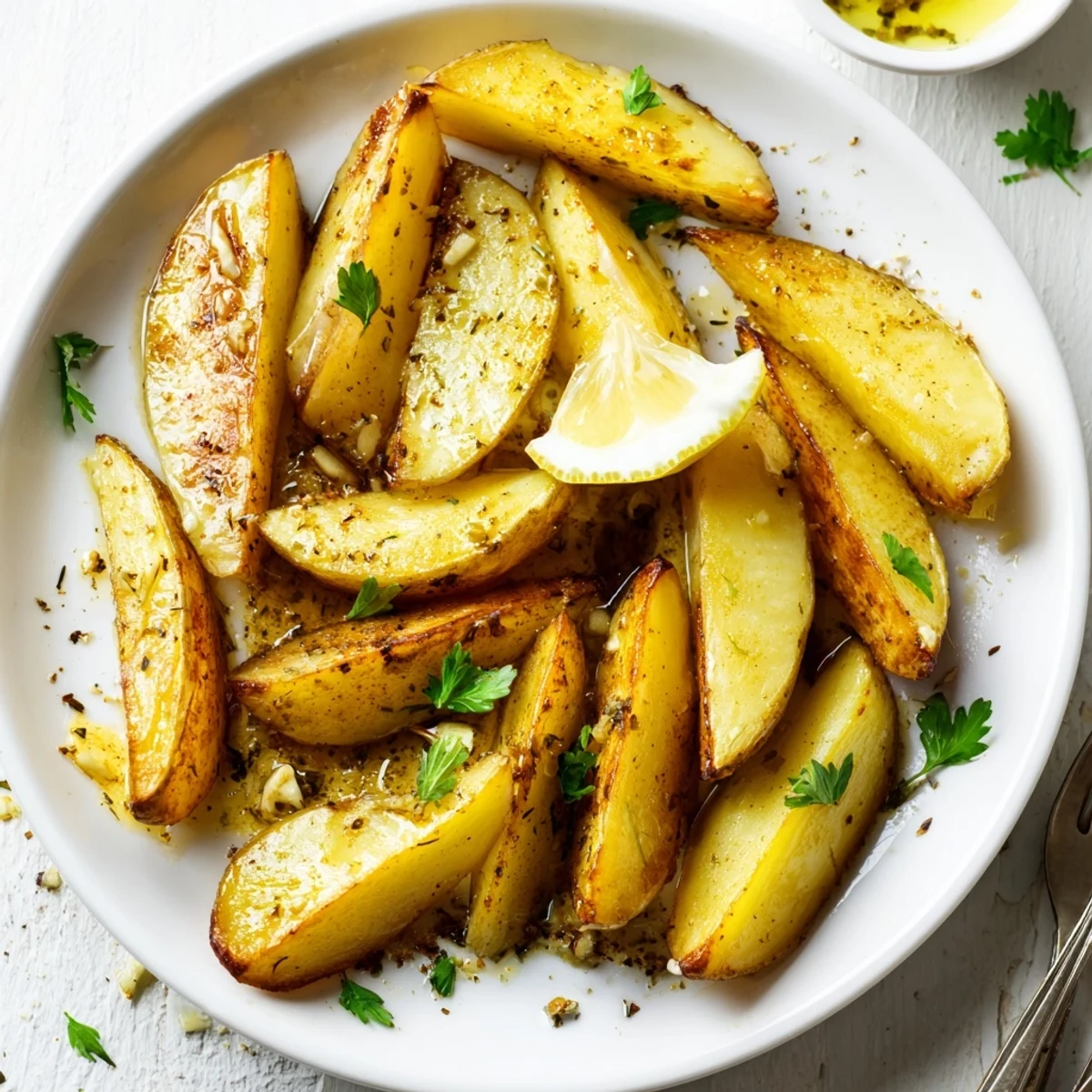 Roasted Authentic Greek Lemon Potatoes Recipe served hot, garnished with chopped fresh parsley