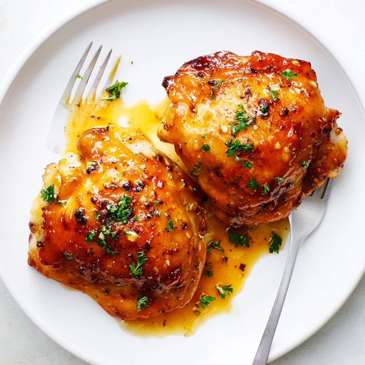 Maple Glazed Chicken Thighs with sticky amber glaze, crispy skin and parsley
